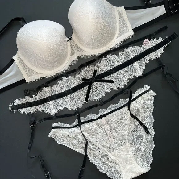Victoria's Secret 34DD,36DD,36DDD BRA SET+garter+panty black WHITE lace velvet - Picture 2 of 4